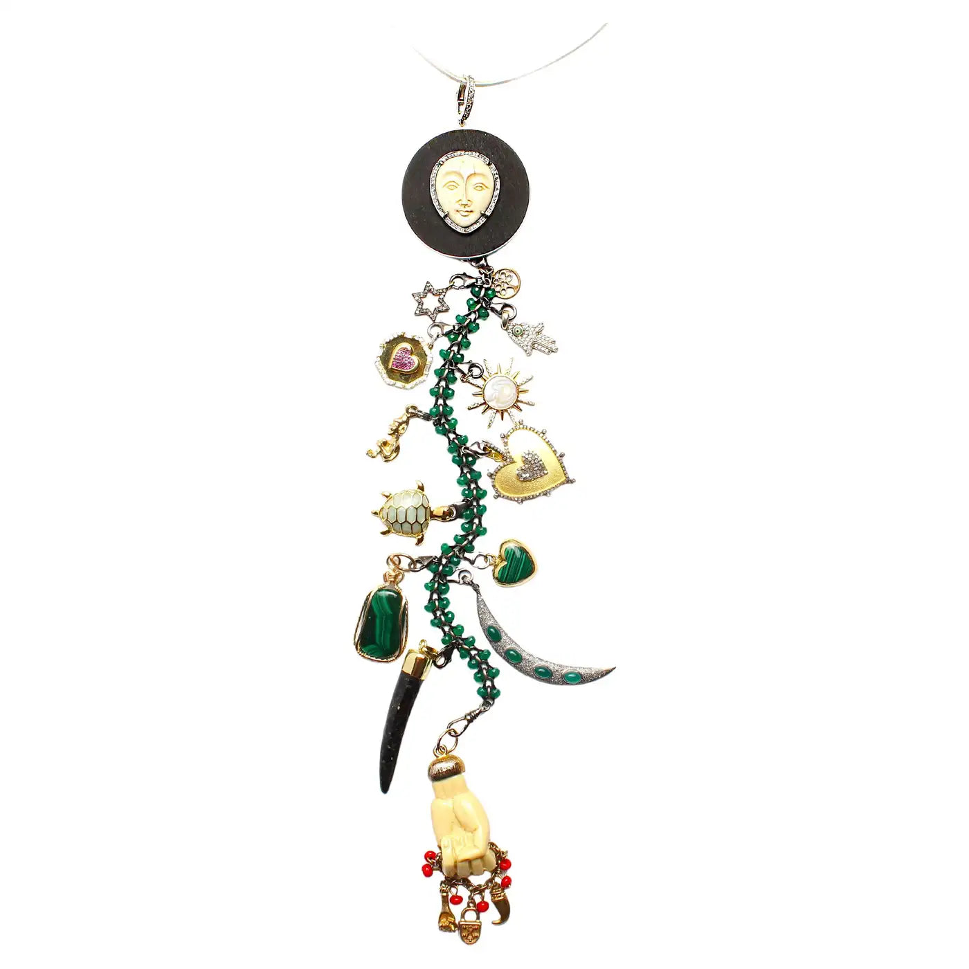 Signature "Artemis II" Emerald Gold Diamond Malachite Symbol Tree Necklace
