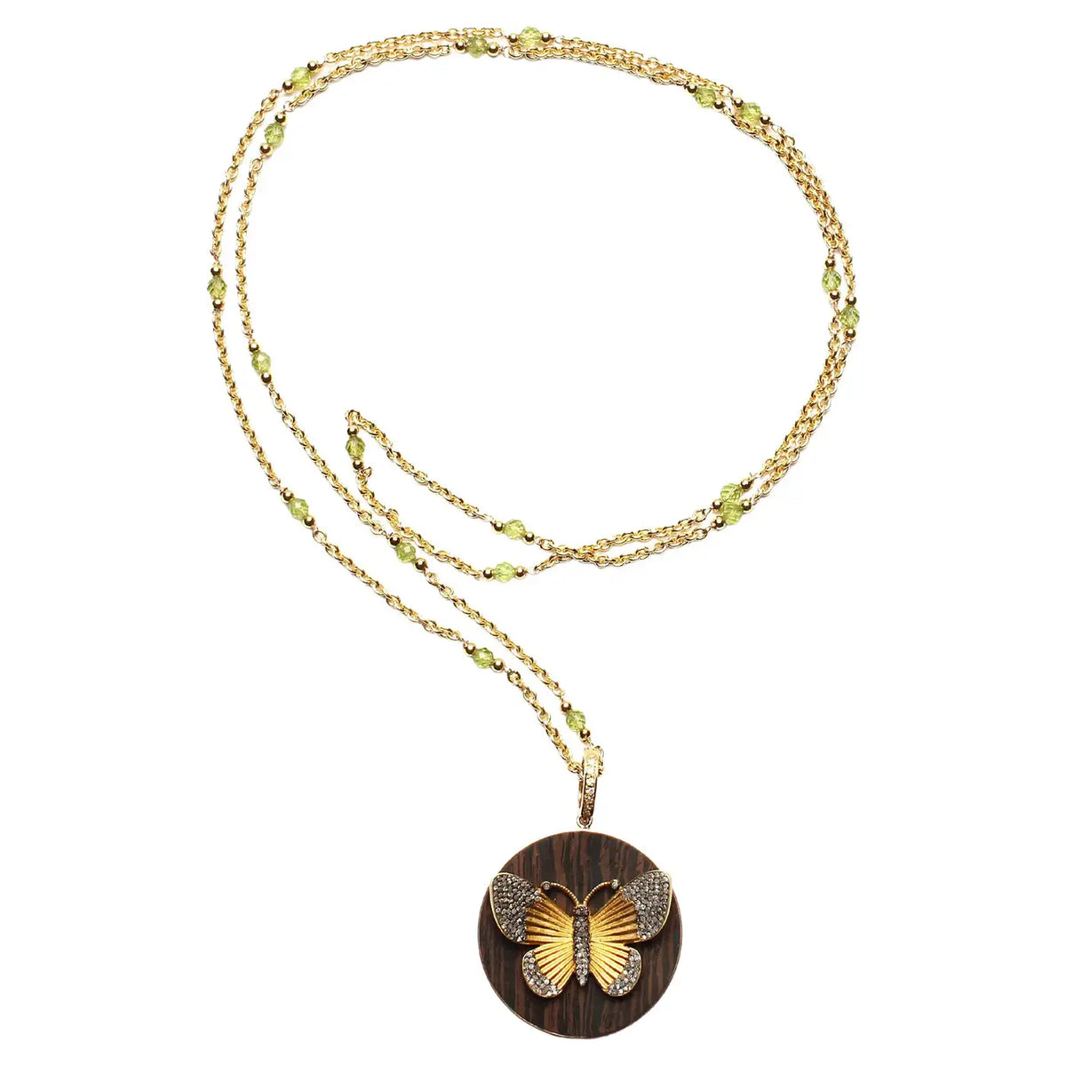 "Caracas" 14k Gold Peridot Necklace & Butterfly Ebony Pendant