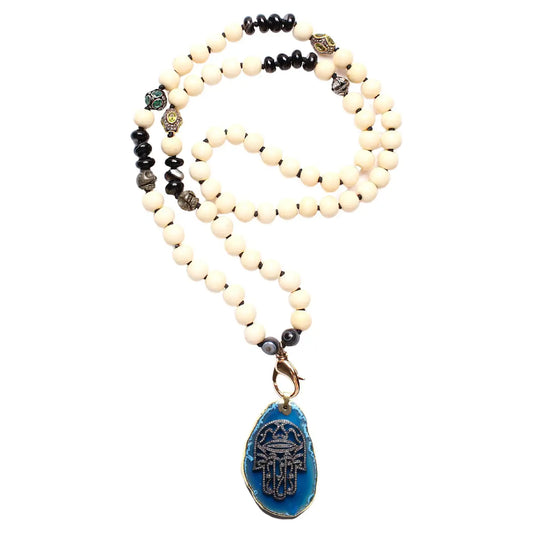 Bone Peridot Diamond Emerald Bead & Blue Agate Diamond Hamsa Hand Pendant & Necklace