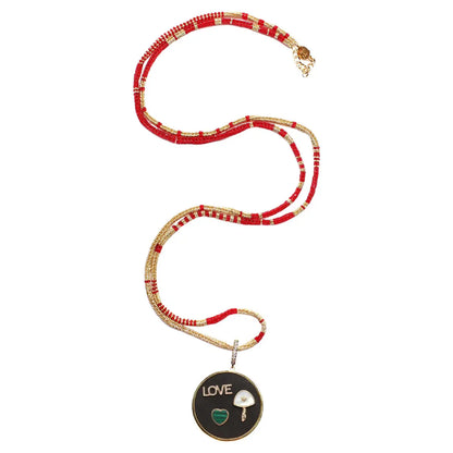 Signature "LOVE" 3 Charm Ebony 14k Gold Diamond Pendant & Alonso Red Gold Morse Necklace