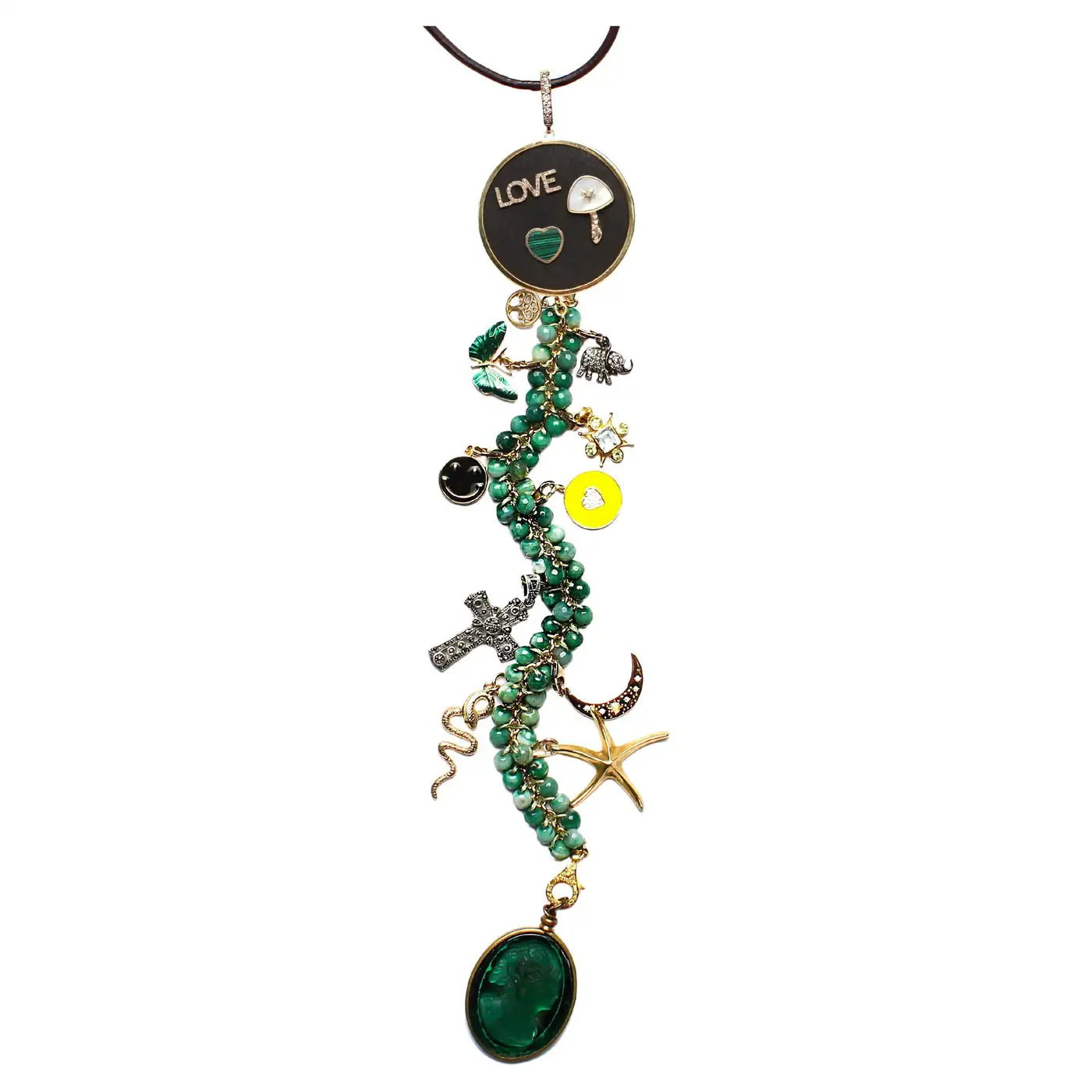 Signature Emerald Malachite 14k gold Diamond Topaz "Selva Magica III" Symbol Tree Necklace