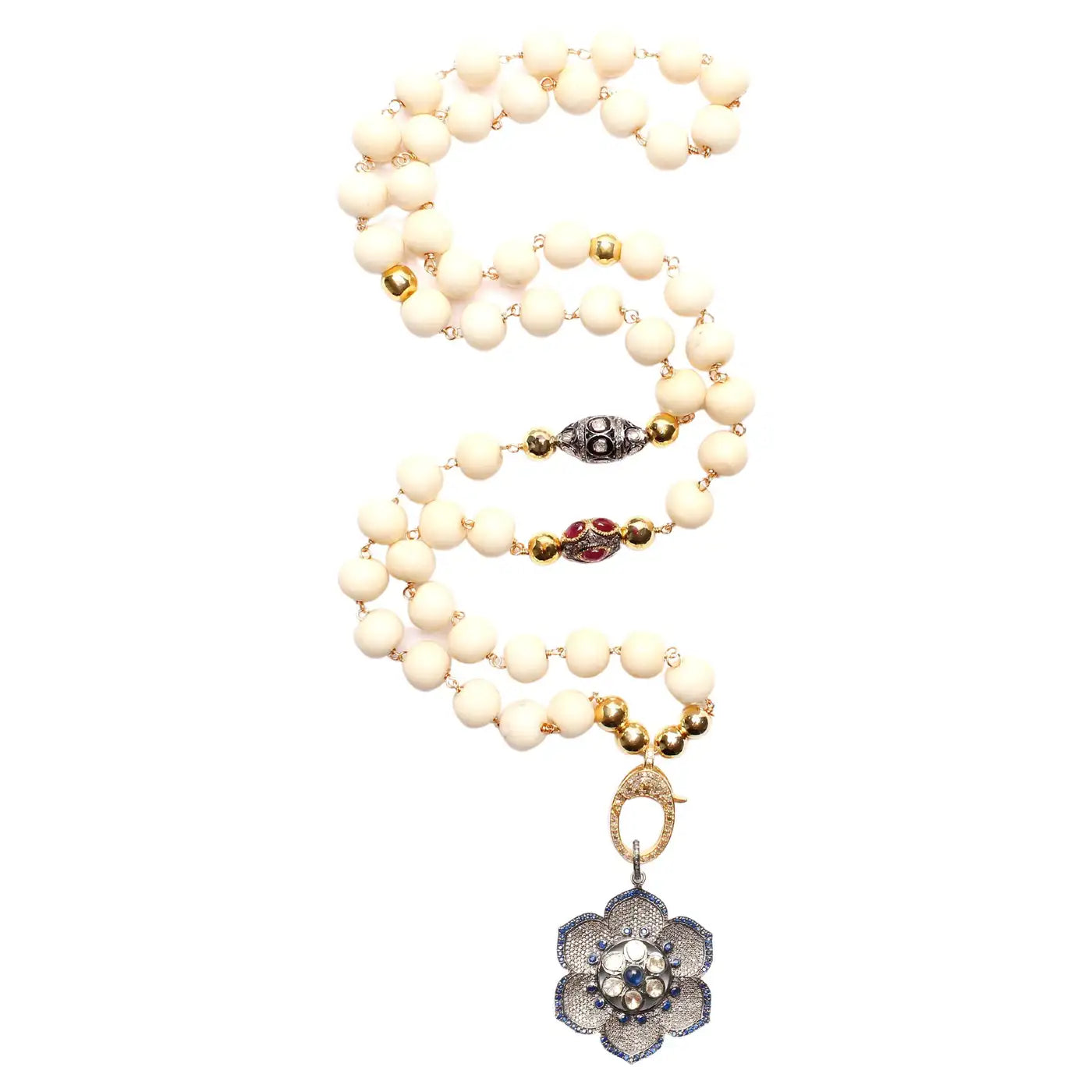 Bone Diamond Ruby Gold Rosary & Sapphire Polki Flower Pendant