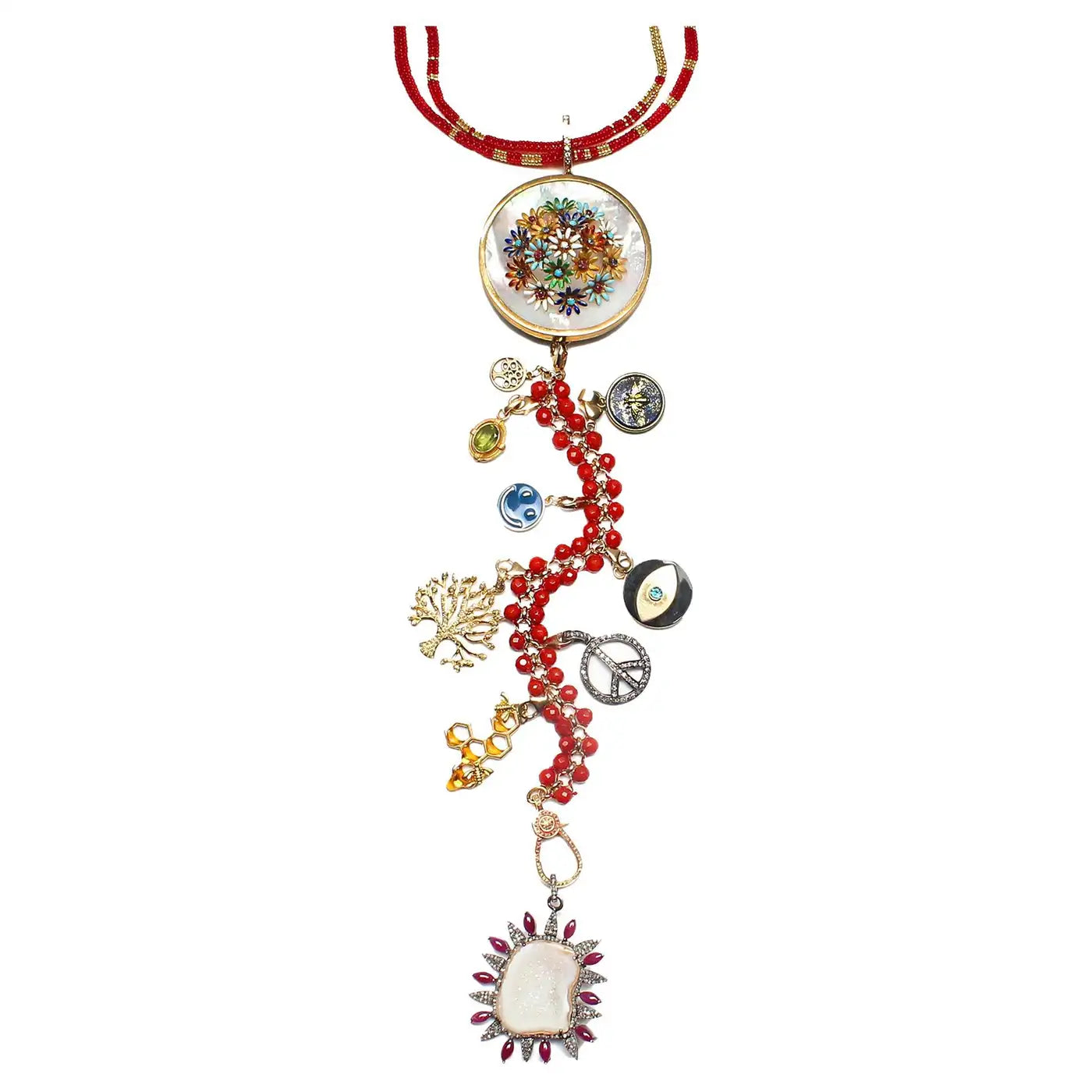 "Crimson Everglades" Ruby Diamond Gold Lapis Symbol Tree Necklace