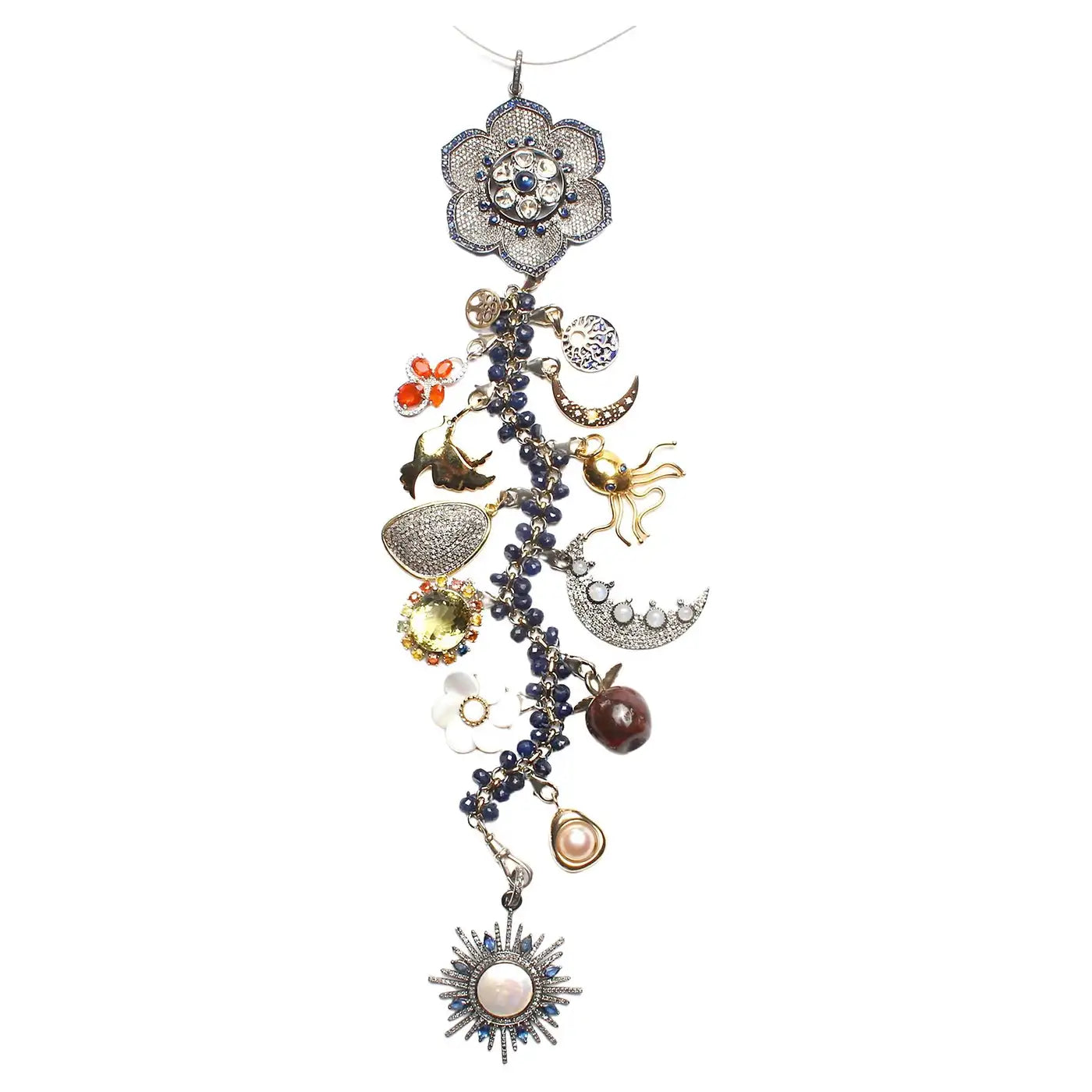 Under The Midnight Sun Sapphire Tourmaline Pearl Diamond Symbol Tree Necklace