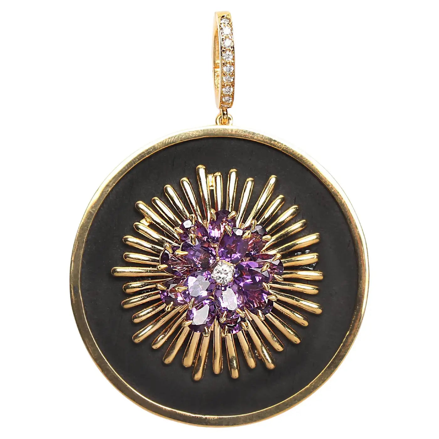 Signature Large Ebony 14k Gold Amethyst Diamond Sun Rays Pendant