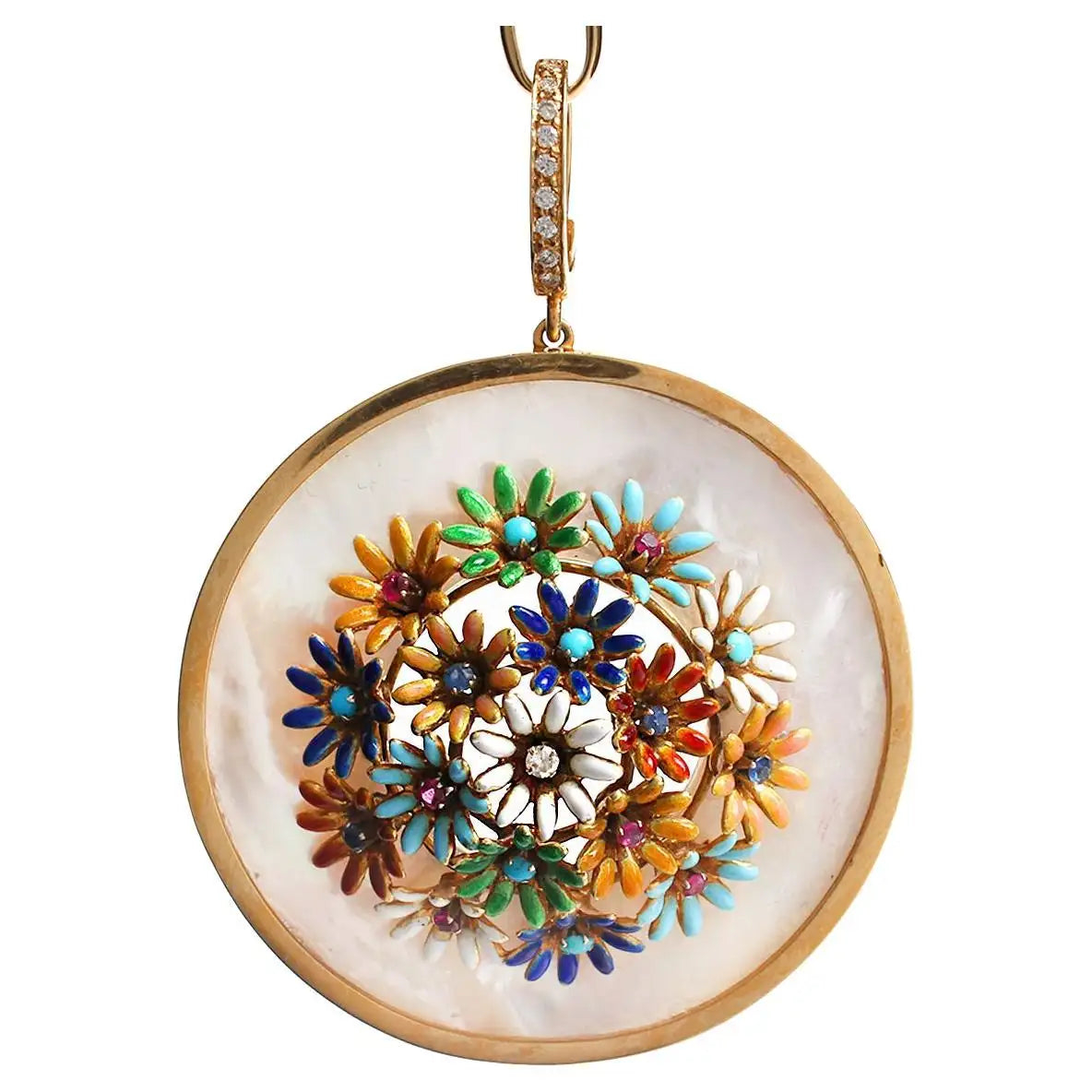 Signature Mother Of Pearl Gold Diamond Enamel Sapphire Floral Pendant