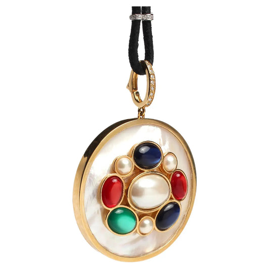 Signature Mother Of Pearl Modern Diamond Pearl Multi Gem Gold Pendant