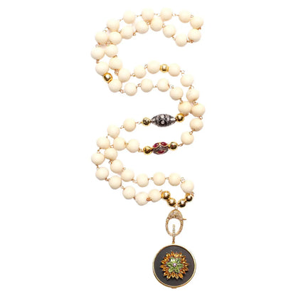 Signature Bone Polki Diamond Ruby Rosary & Peridot Citrine Ebony Pendant Necklace