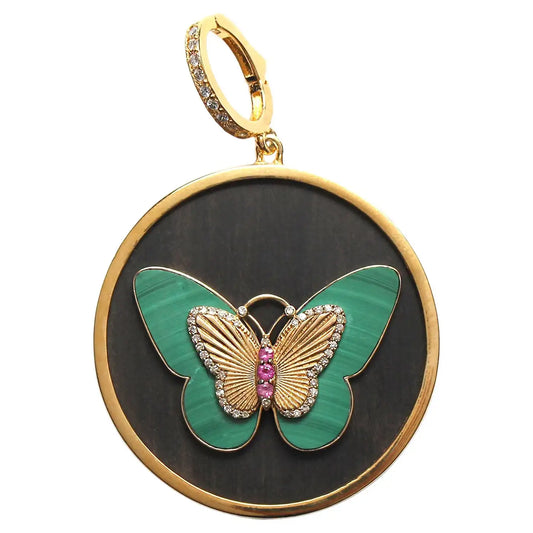 Signature Ebony 14k Gold Diamond Malachite Ruby Butterfly Pendant