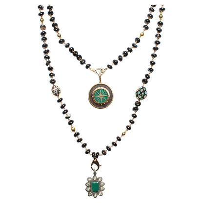 "Carmen" Black Agate Diamond Gold Opal Malachite Emerald Bottom Pendant & Ebony Compass Pendant Rosary Necklace