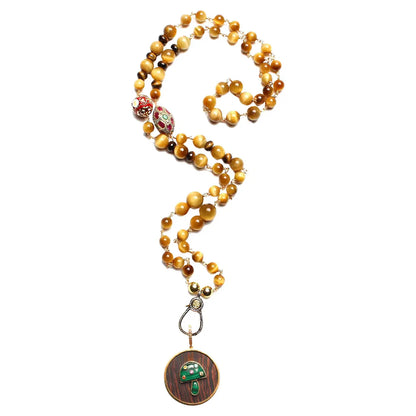 Tiger's Eye Gold Emerald Ruby Rosary Neckalce & Ebony Malachite Gold Mushroom Pendant