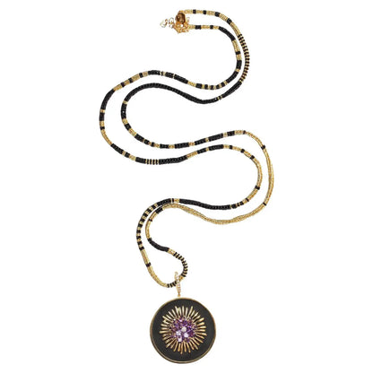 Signature Ebony 14k Gold Amethyst Diamond Sun Rays Pendant & "Alonso" Black Gold Necklace