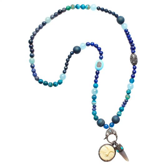 Blue Matrix Agate Lapis Aquamarine Chalcedony Opal Diamond Charm Necklace & Rainbow Moonstone Diamond Turquoise Horn & Diamond Bone Moonface Pendant