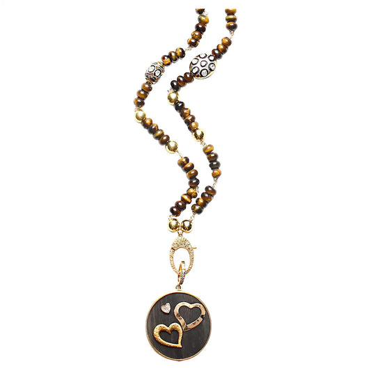 Tigers Eye Polki Diamond Gold Rosay Necklace & Signature two tone Diamond 3 Heart Ebony Pendant