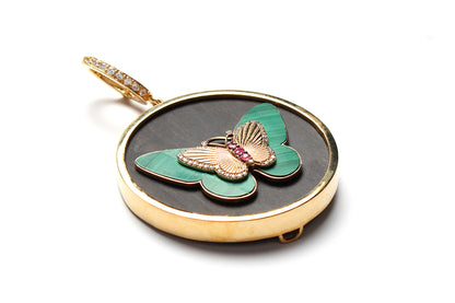 Signature Ebony 14k Gold Diamond Malachite Ruby Butterfly Pendant