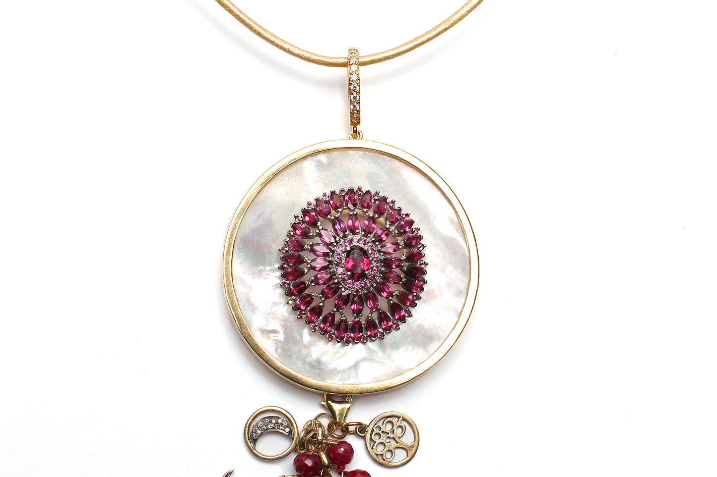 Signature Mother Of Pearl Ruby Garnet Diamond Gold Pendant