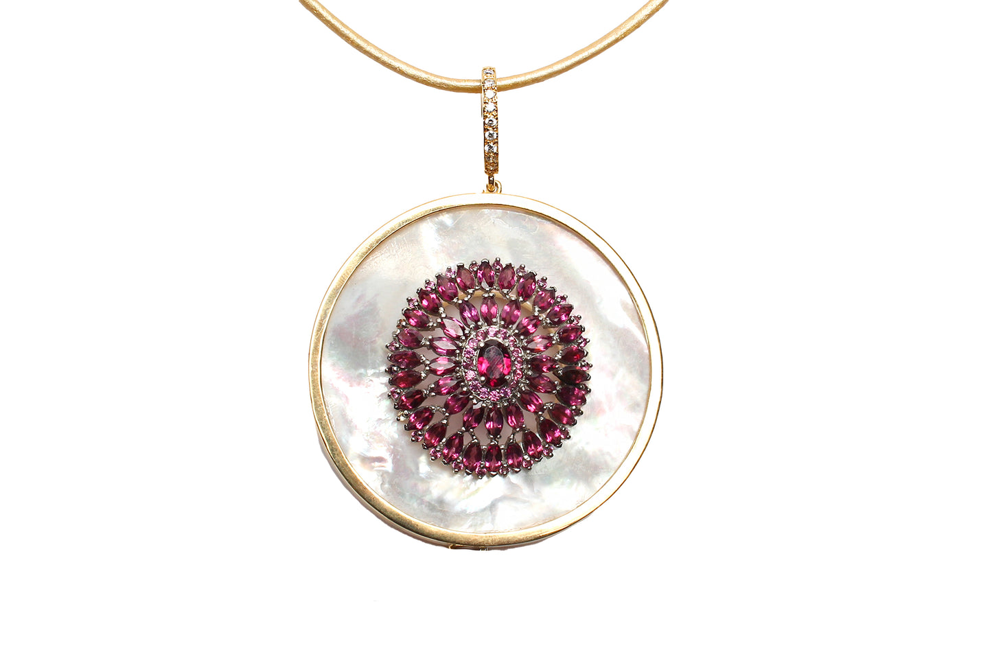 Signature Mother Of Pearl Ruby Garnet Diamond Gold Pendant