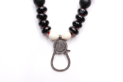 Onyx Diamond Ebony Beaded Necklace & Ebony Diamond 14k Gold Ruby Hamsa Pendant