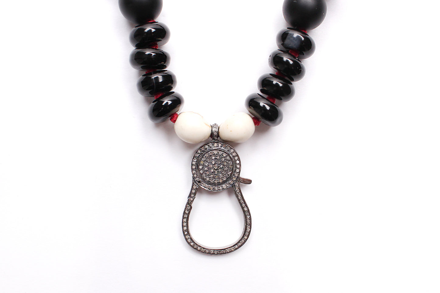 Onyx Diamond Ebony Beaded Necklace & Ebony Diamond 14k Gold Ruby Hamsa Pendant