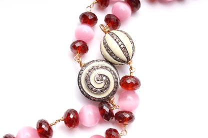 Garnet Pink Quartz Diamond Rosary & Quartz Opal Capri Pendant Necklace