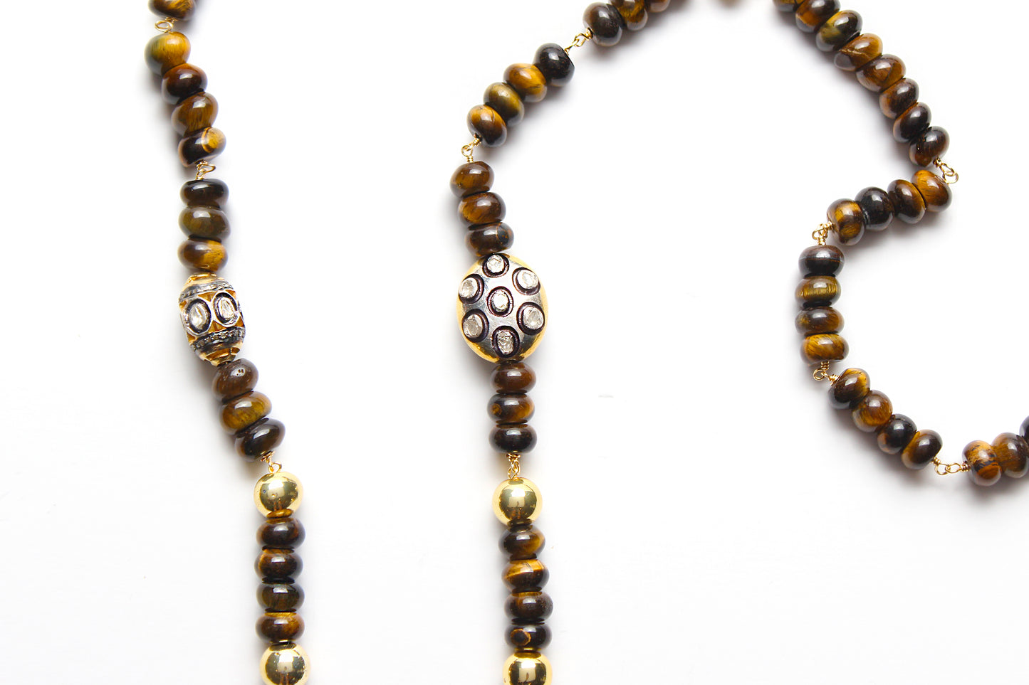 Tigers Eye Polki Diamond Gold Rosay Necklace & Signature two tone Diamond 3 Heart Ebony Pendant