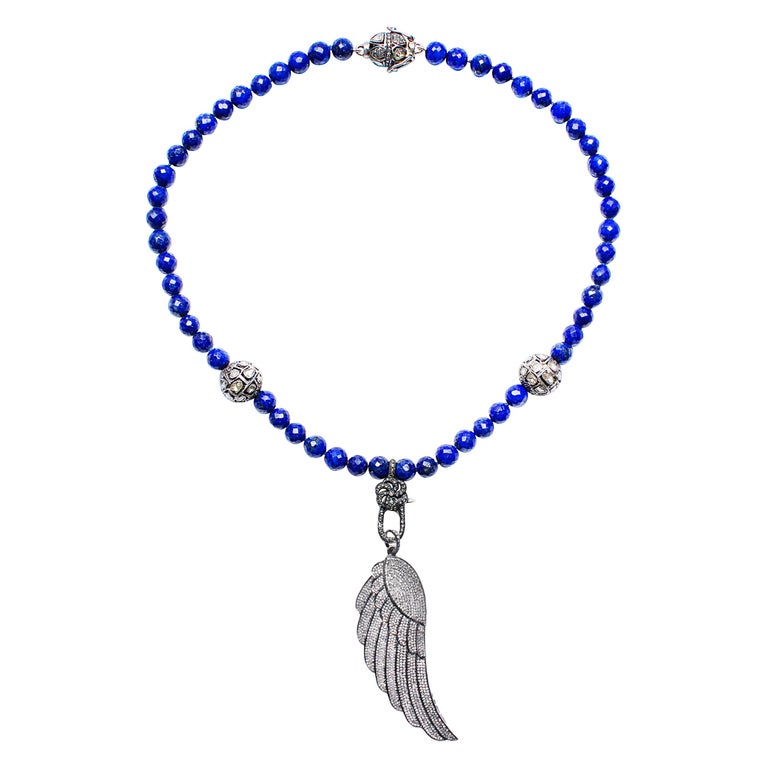 Lapis 18" Rose Cut Diamond Angel Wing Pendant Beaded Necklace
