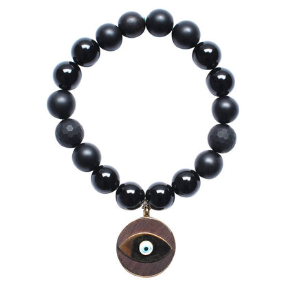 Matte and Shiny Onyx, 14k Gold, Ebony Evil Eye Beaded Bracelet