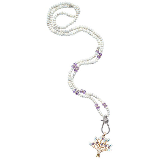 Iridescent Diamond, Silver, Enamel, 14 Karat Gold Tree of Life Necklace