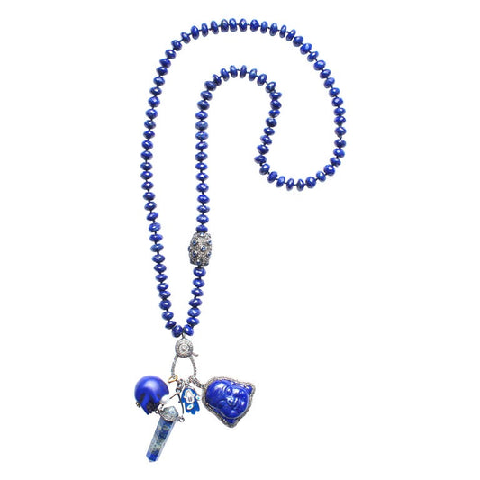 Lapis, Sapphire, Diamond, Silver Multi Charm Beaded Necklace