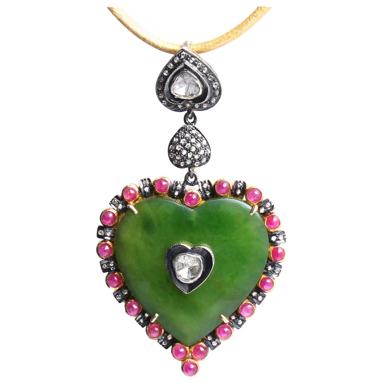 Emerald, Ruby, Rose Cut Diamond, 14 Karat Gold Heart Pendant