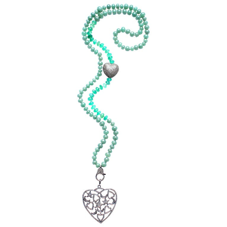 Green Agate, Jade, Diamond Heart Pendant Beaded Necklace