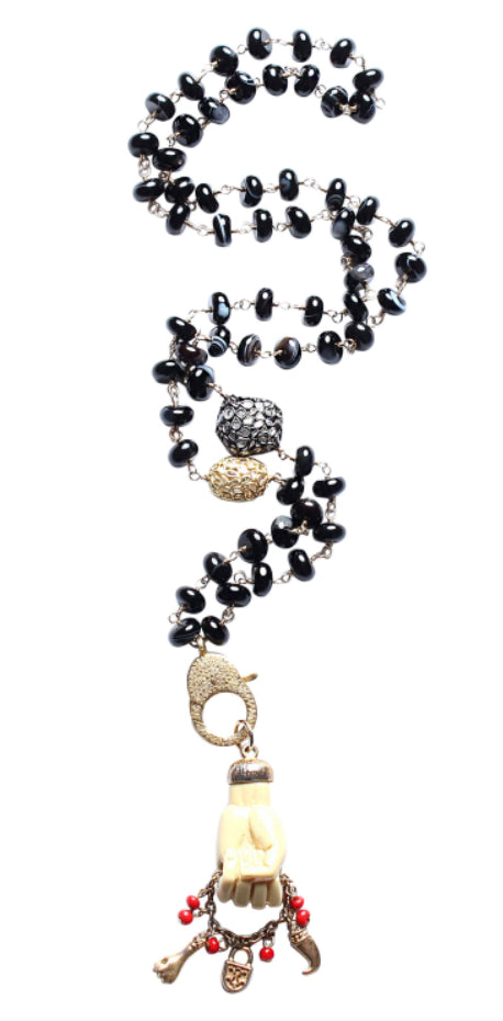 Smoky Black Agate 14k Diamond Enamel Figo Mano Pendant Rosary Necklace