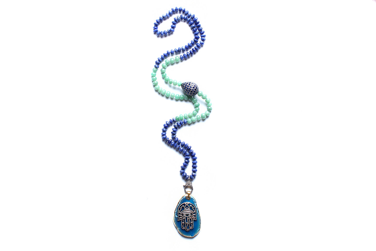 Lapis Lazuli Agate Sapphire Diamond Hamsa Hand Pendant Beaded Necklace
