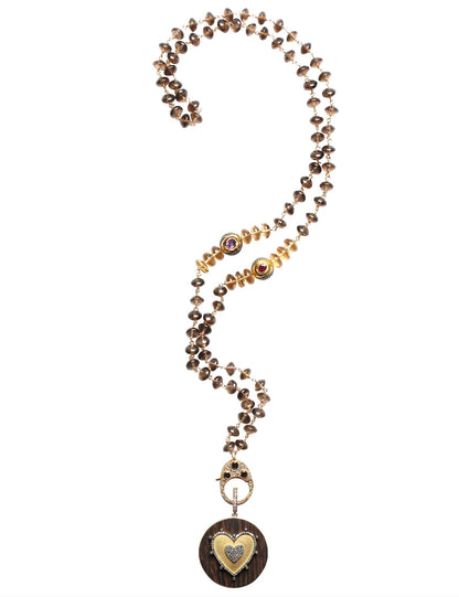 Smoky Brown Quartz Rosary & 14k Gold Diamond Striped Ebony Two Tone Heart Ebony Pendant