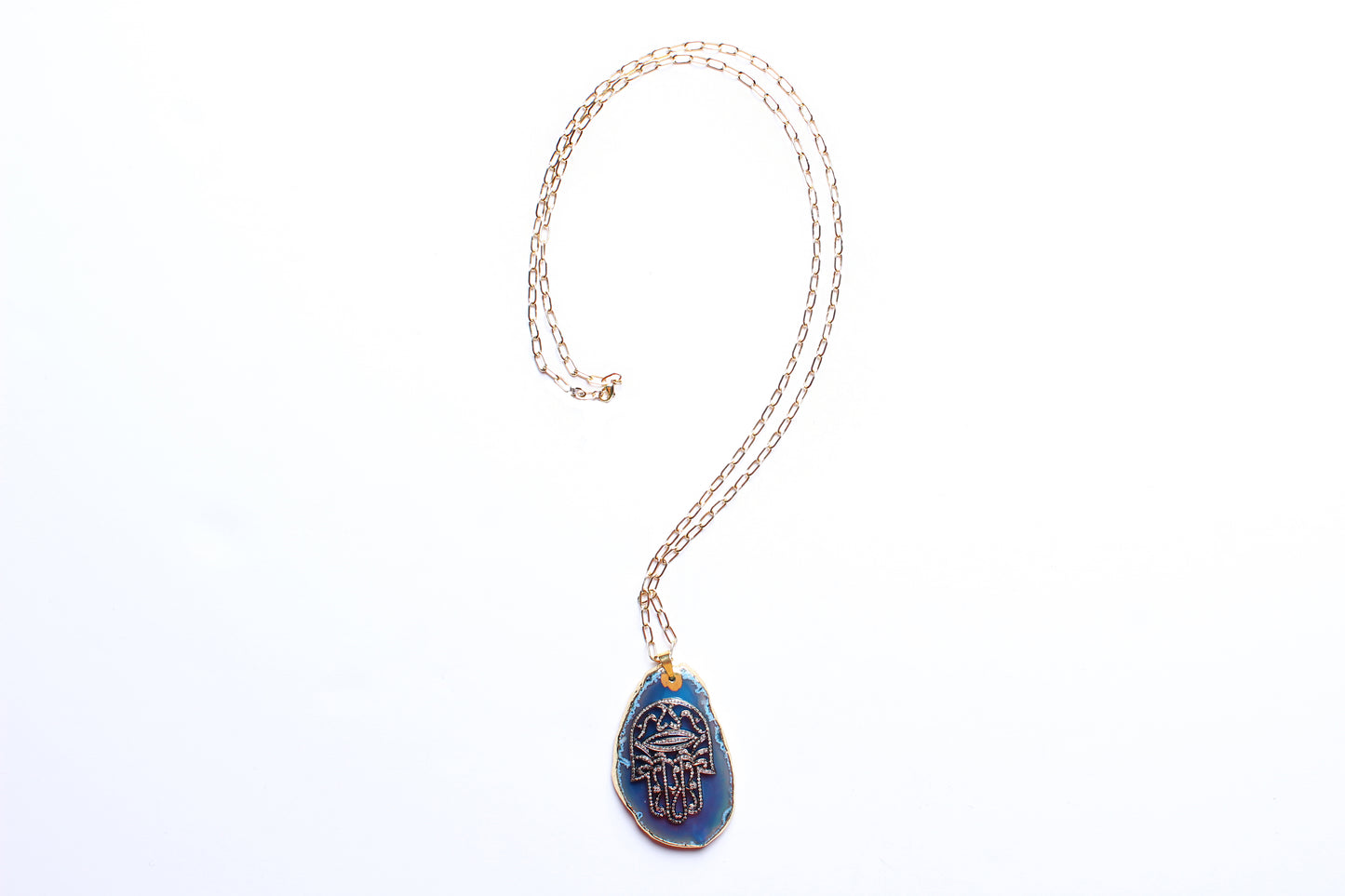 Agate Diamond Hamsa Hand 14k Gold 35" Chain Pendant Necklace