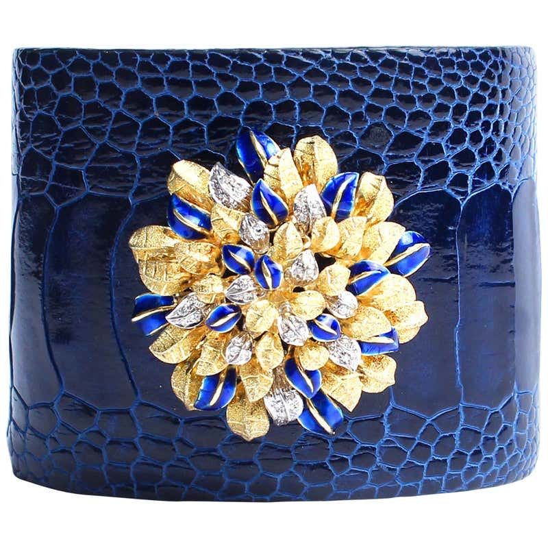 Blue Crocodile 14 Karat Gold Enamel Flower Bush Cuff Bracelet