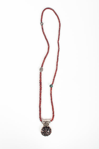 Garnet, Emerald, Diamond, Ruby, Silver Beaded Pendant Necklace