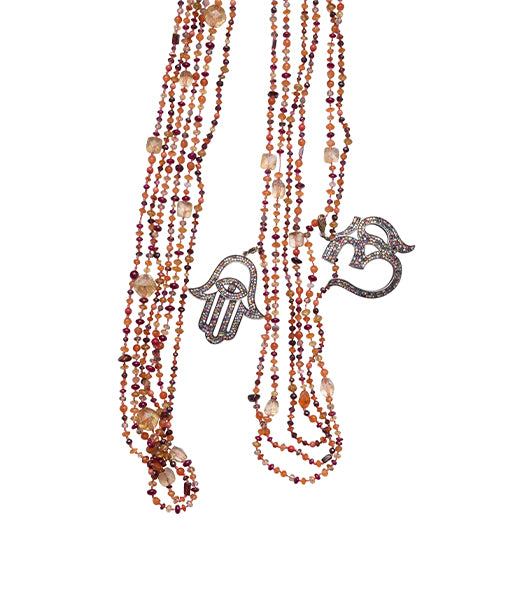 Orange Agate Sapphire Diamond Multicolor Ohm and Hamsa Hand Beaded Necklace
