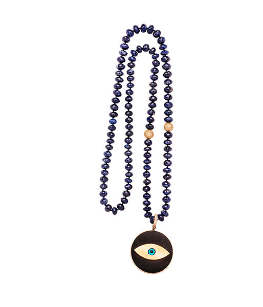 Lapis gold and diamond bead Ebony Evil Eye Pendant Beaded Necklace