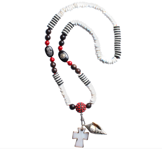 Ebony Sapphire Diamond Cinnabar Shell Cross Beaded Neclace