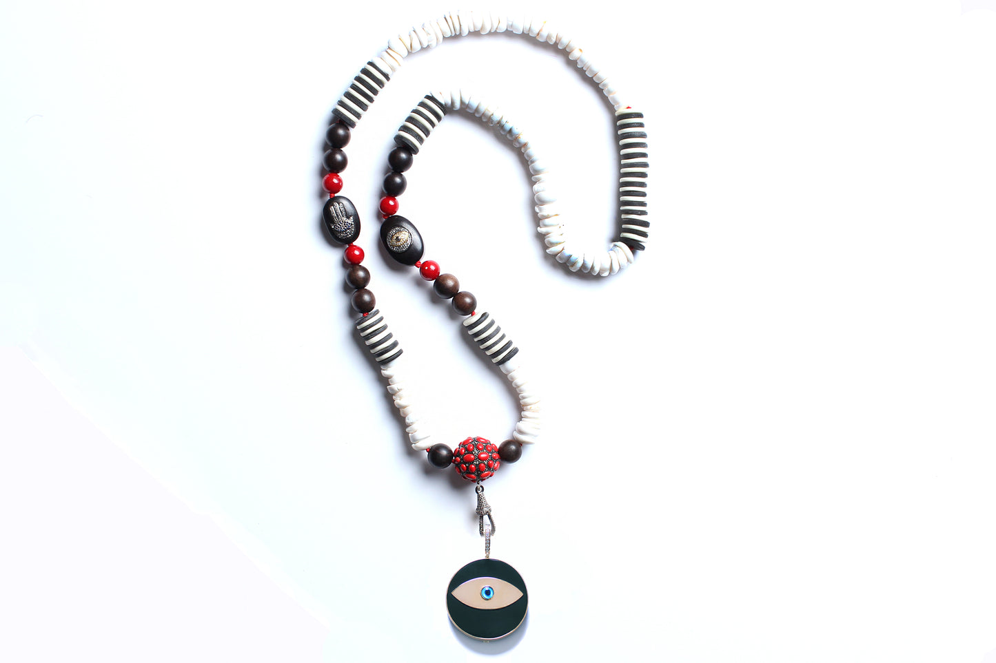 Ebony Evil Eye Pendant Ebony Sapphire Cinnabar Beaded Necklace