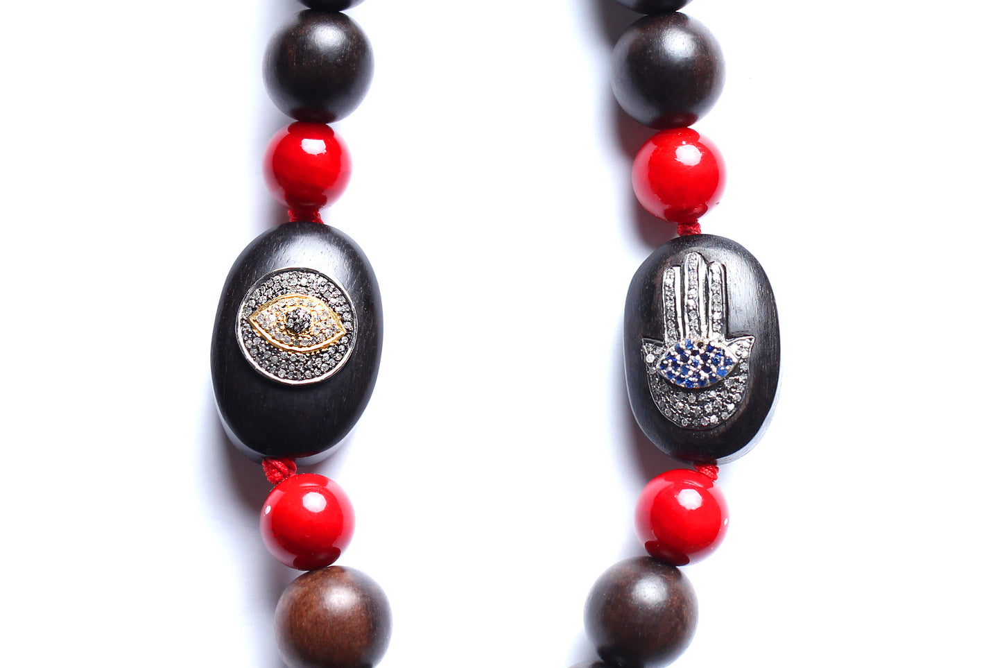 Ebony Evil Eye Pendant Ebony Sapphire Cinnabar Beaded Necklace