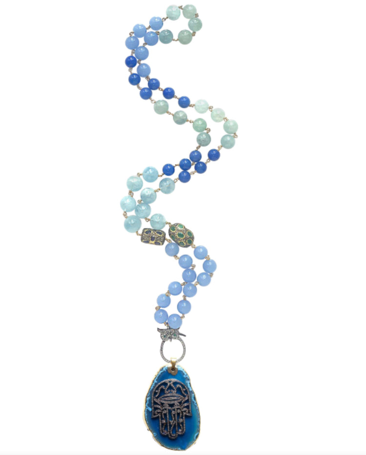 Aquamarine Emerald Tanzanite Chalcedony Diamond Agate Hamsa Hand Pendant Rosary