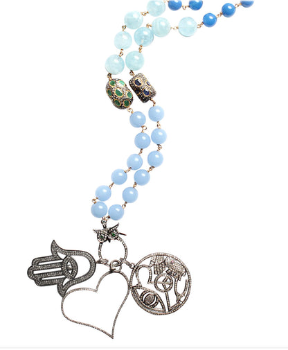 Aquamarine Chalcedony Emerald Triple Diamond Pendant Rosary