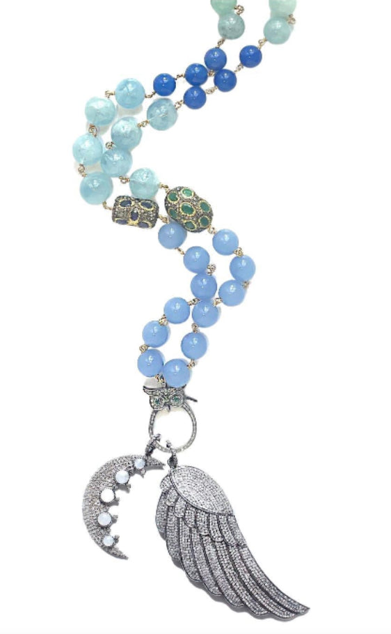 Aquamarine Diamond Moonstone Emerald Tanzanite Angel Wing Crescent Moon Pendant Rosary Necklace