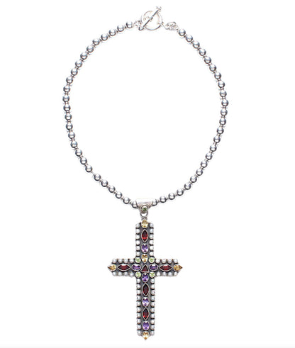 925 Sterling Silver Ball Chain Peridot Sapphire Pearl Cross Pendant