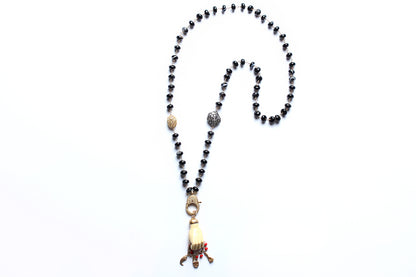 Smoky Black Agate 14k Diamond Enamel Figo Mano Pendant Rosary Necklace