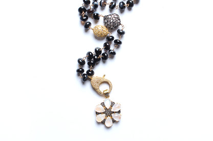 14k Gold Smoky Black Agate Sapphire Diamond Rainbow Moonstone Flower Pendant Rosary Necklace