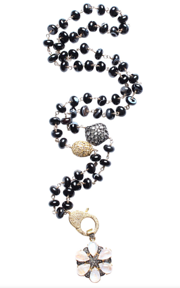14k Gold Smoky Black Agate Sapphire Diamond Rainbow Moonstone Flower Pendant Rosary Necklace
