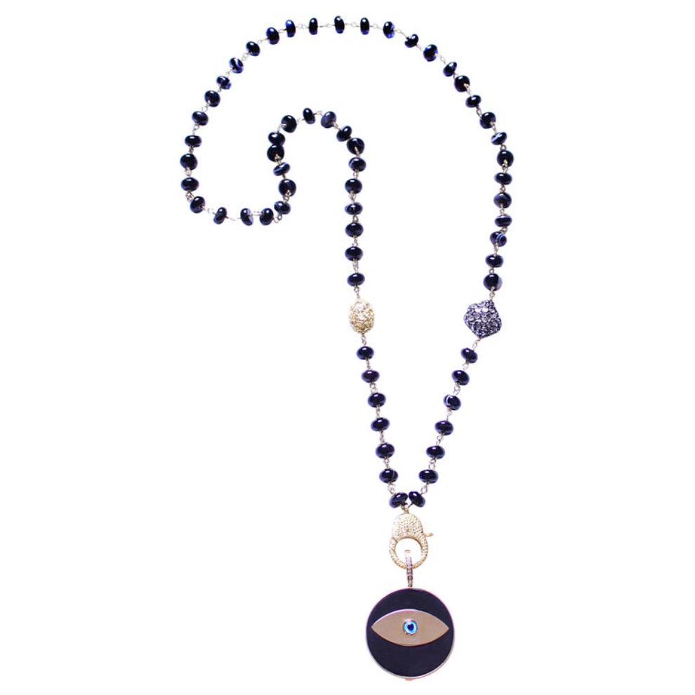 Black Smoky Agate Rosary 14k Gold Diamond Ebony Evil Eye Pendant Necklace